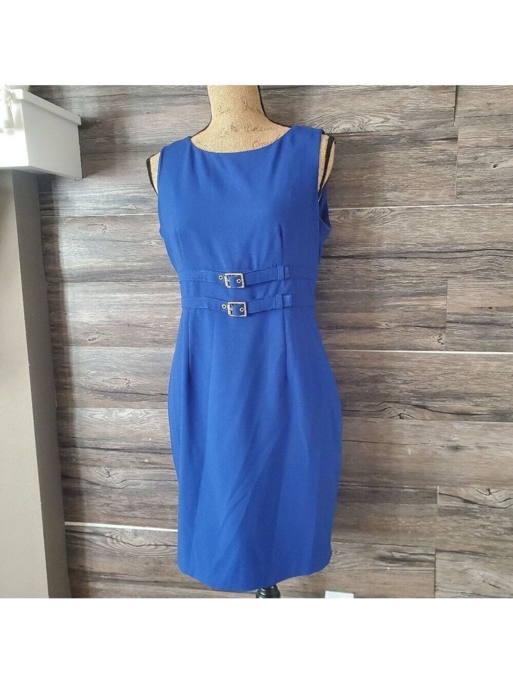 Calvin Klein Modern Atlantis Double Buckle Gold Waist Dress Cobalt Blue 10P *